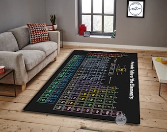 May include: A black and white rug with a colourful periodic table of the elements printed on it. The rug is laid out on a wooden floor in a living room setting.