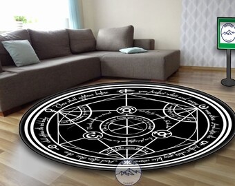 May include: A black and white round rug with a large circle in the center and a complex geometric design. The circle contains the text "One shall not speak your name in vain" and other text in a circular pattern around the circle.