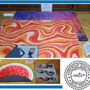May include: Three different rugs with various patterns. The first rug has a red and orange wavy pattern. The second rug has a purple and blue abstract pattern. The third rug has a watermelon pattern. The text "SAMPLE" is visible on the image.