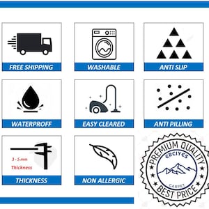 May include: A graphic showing the features of a rug. The features include free shipping, washable, anti-slip, waterproof, easy to clean, anti-pilling, 3-5 mm thickness, non-allergenic, and premium quality at the best price.
