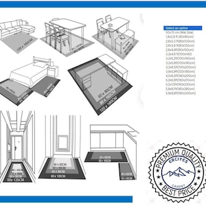 May include: A diagram showing different sizes of rugs with measurements in inches and centimeters. The diagram shows how the rugs would fit in different rooms, such as a living room, bedroom, and hallway. The text "Select an option" is visible in the upper right corner of the image. The text "Premium Quality Erciyes Carpet Best Price" is visible in the lower right corner of the image.