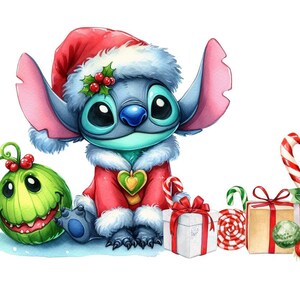 May include: A festive watercolour illustration featuring two blue cartoon characters in Santa hats and red coats, with Christmas gifts and decorations. One character has a green ornament, the other a green hat.