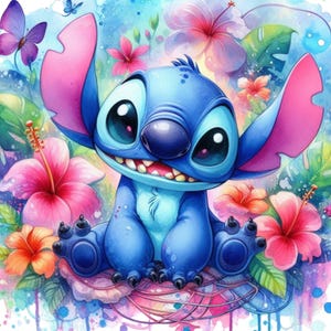 Puede incluir: Un personaje de dibujos animados azul con orejas grandes y ojos grandes, sentado en una flor rosa y azul. El personaje est&aacute; rodeado de flores rosas, naranjas y amarillas.