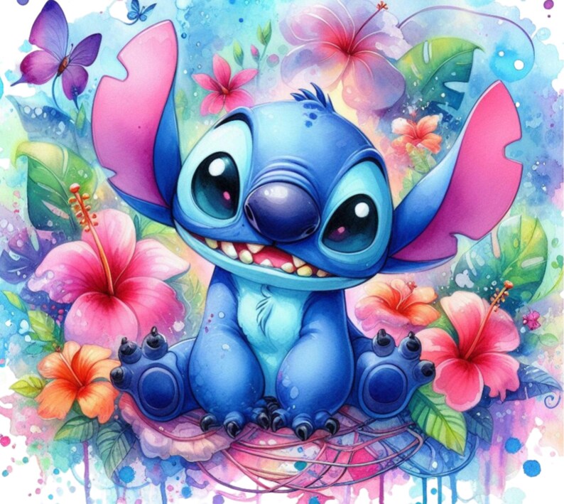 Puede incluir: Un personaje de dibujos animados azul con orejas grandes y ojos grandes, sentado en una flor rosa y azul. El personaje est&aacute; rodeado de flores rosas, naranjas y amarillas.