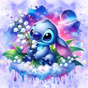 Puede incluir: Un personaje de dibujos animados azul con ojos grandes y orejas rosas se sienta en una nube esponjosa con un ramo de lirios del valle blancos. El fondo es una galaxia de acuarela con un planeta.