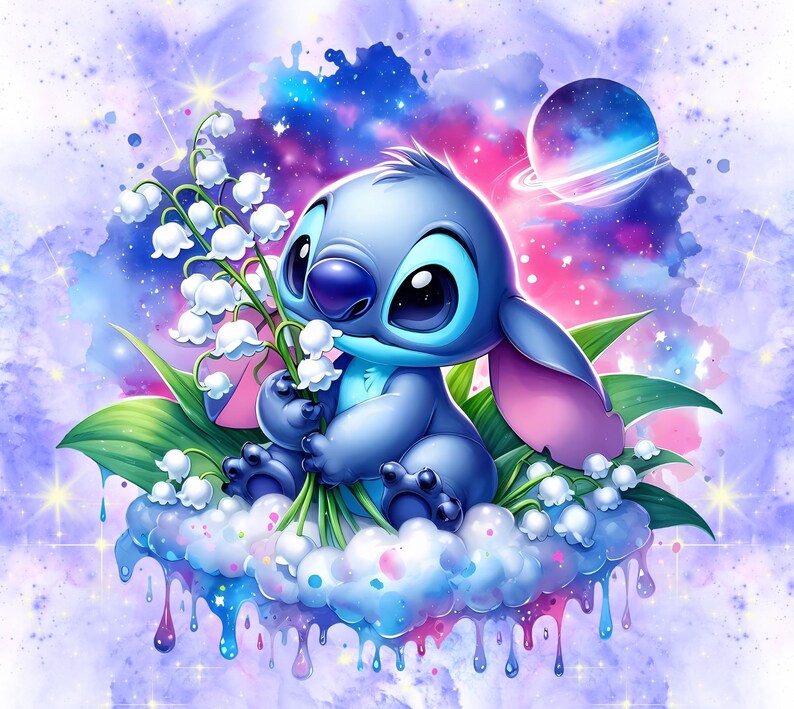 Puede incluir: Un personaje de dibujos animados azul con ojos grandes y orejas rosas se sienta en una nube esponjosa con un ramo de lirios del valle blancos. El fondo es una galaxia de acuarela con un planeta.