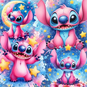 Puede incluir: Cuatro personajes de dibujos animados Stitch de color rosa y azul con ojos grandes y sonrisas de dientes grandes se colocan sobre un fondo colorido de salpicaduras de acuarela azul, rosa y amarilla y estrellas.