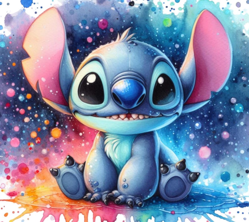 Puede incluir: Un personaje de dibujos animados azul y rosa con orejas grandes y ojos grandes. El personaje est&aacute; sentado sobre un fondo colorido con salpicaduras de pintura.