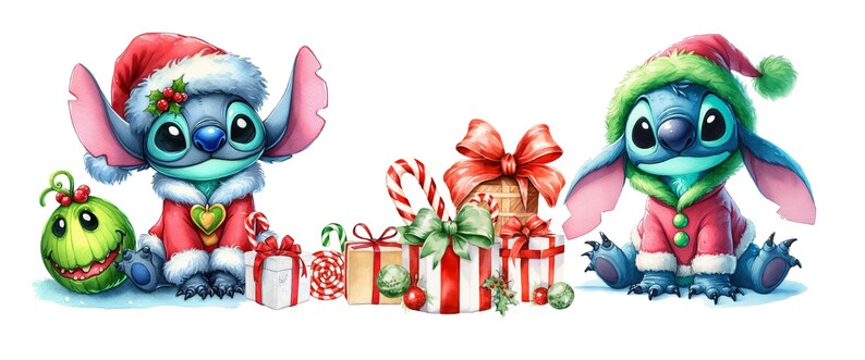 May include: A festive watercolour illustration featuring two blue cartoon characters in Santa hats and red coats, with Christmas gifts and decorations. One character has a green ornament, the other a green hat.