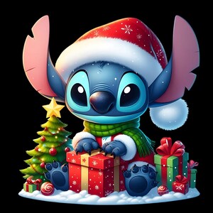 May include: A digital illustration of Stitch from Lilo & Stitch wearing a Santa hat and scarf, surrounded by Christmas presents and a decorated tree. The background is black.