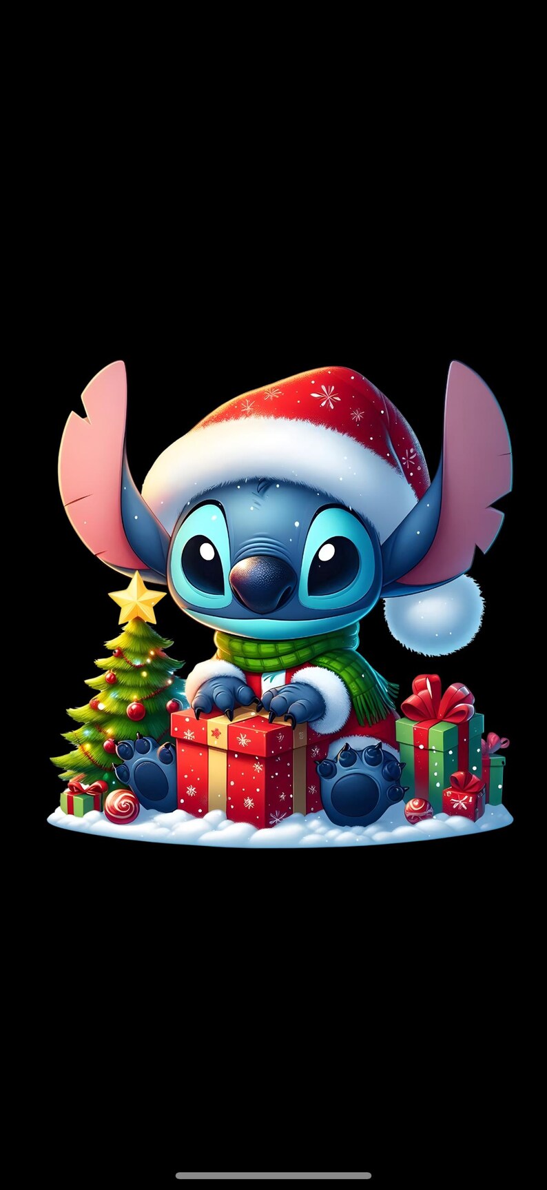 May include: A digital illustration of Stitch from Lilo & Stitch wearing a Santa hat and scarf, surrounded by Christmas presents and a decorated tree. The background is black.
