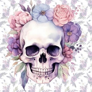 Puede incluir: Un cr&aacute;neo humano blanco con un dise&ntilde;o pintado detallado est&aacute; rodeado de una corona de flores rosas, moradas y azules. El cr&aacute;neo tiene una cuenca del ojo pintada de morado y negro y una sonrisa pintada.