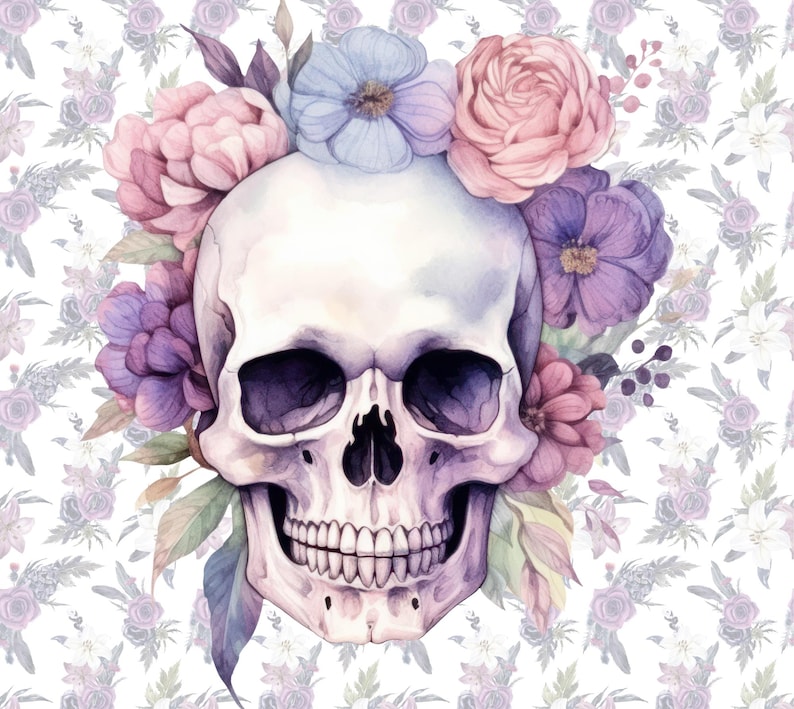 Puede incluir: Un cr&aacute;neo humano blanco con un dise&ntilde;o pintado detallado est&aacute; rodeado de una corona de flores rosas, moradas y azules. El cr&aacute;neo tiene una cuenca del ojo pintada de morado y negro y una sonrisa pintada.