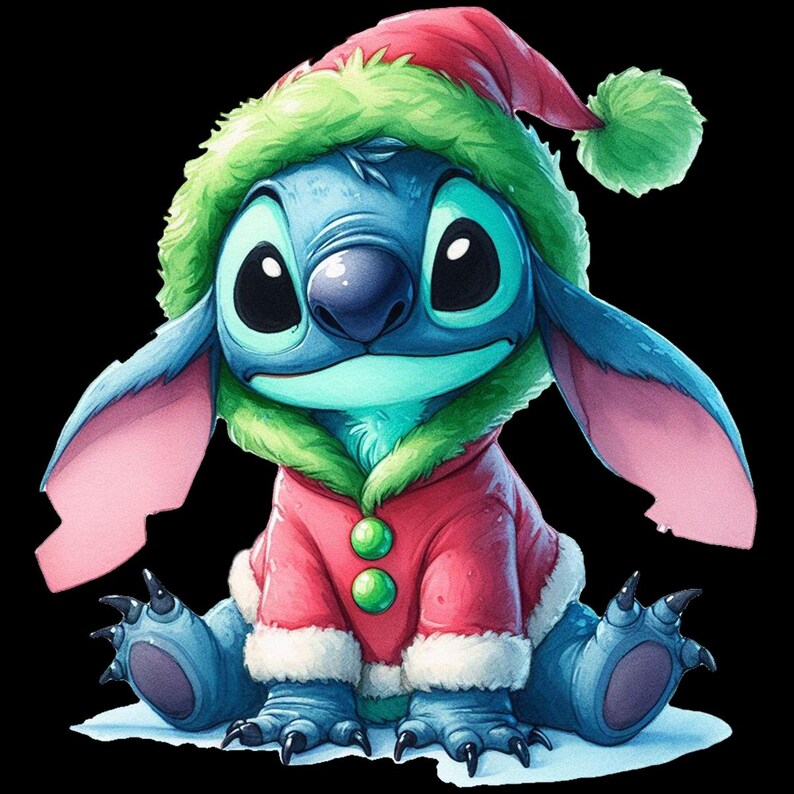 May include: A blue cartoon character in a festive Christmas outfit. The character has large black eyes, a blue nose, and large ears. The outfit includes a red jacket with green buttons and a green and red hat with a pom-pom.