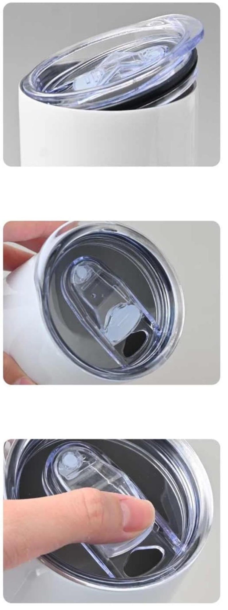 Puede incluir: Primer plano de una taza de viaje blanca con una tapa transparente. La tapa tiene un cierre deslizante para evitar derrames.