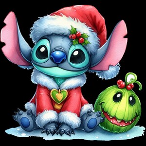 May include: A watercolour illustration of a blue alien character wearing a red Santa hat and coat with white trim. A green, smiling, watermelon-like character sits beside the alien. Both are on a snowy surface, with a black background.