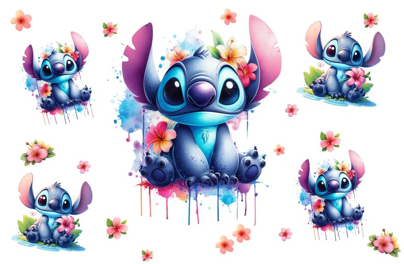 Puede incluir: Un personaje azul Stitch con ojos grandes y una corona de flores rosas. El personaje est&aacute; sentado sobre un fondo de acuarela con flores rosas.