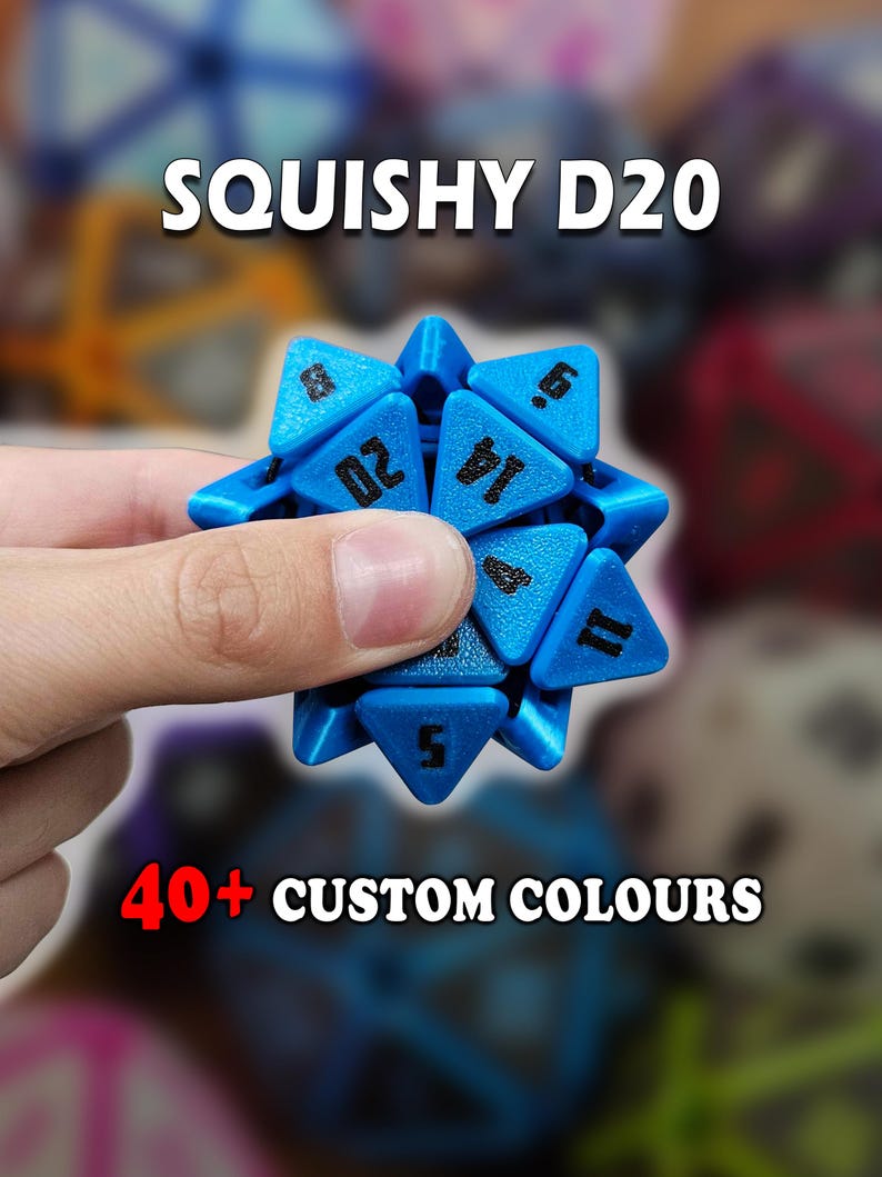 A squished D20 die that is held in hand showing the squishy ability of the crafted die. Each die can be made custom and personalized.