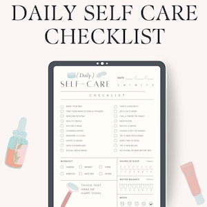 Könnte beinhalten: Eine digitale Selbstpflege-Checkliste mit dem Text "Your Daily Glow Guide" und "Daily Self Care Checklist". Die Checkliste enthält Abschnitte für Training, Schlaf, Wasserhaushalt und Stimmung, mit Illustrationen von Hautpflegeprodukten.