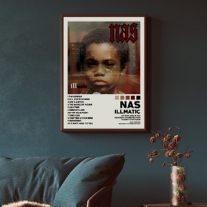 May include: A poster of the album Illmatic by rapper Nas. The poster features a photo of a young Nas with the album title and tracklist printed below. The album cover is a collage of images in red, orange, yellow, and blue.