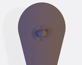 May include: A teardrop-shaped wooden shield with a metal boss in the center. The shield is painted a dark purple color.