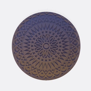 May include: A circular, dark purple mandala with intricate geometric patterns. The design features a central flower with radiating lines and dots.