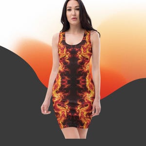 On Fire Flame Dress Inferno Hot Bodycon Fitted Tight Outfit Summer Fashion Women Unique Bold Clothing Party Dance Clubwear Mini Dresses