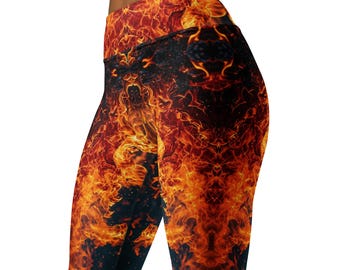 Leggings met vlammenmotief, hotpants, yogabroek, gymbroek, inferno-stijl, stretch sportkleding voor dames, uniek workoutdesign met vuurmotief, sportkleding met hoge taille.
