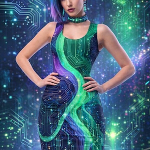 green emerald velvet dress Green Neon Star On Navy Long Sleeve Midi Dress L main image 0