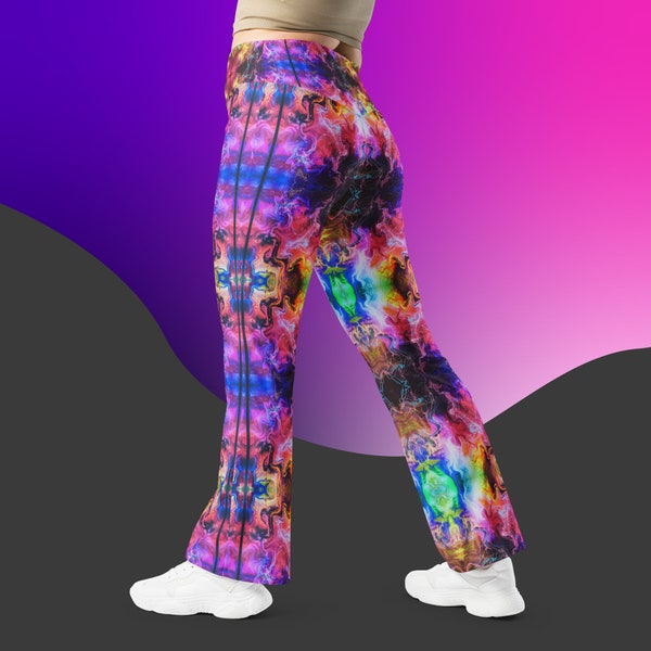 Cosmic Flare Leggings Bell Bottom Yoga Pants Color Fusion Flared High Waist Stretchy Wide-Leg Trousers Soft Unique Gym Clothes with pocket