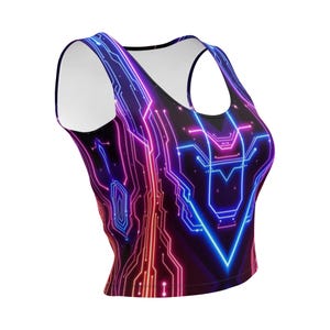 Neon Techno Crop Top Cyberpunk Tank Tops Sporty Bold Summer Blouse Circuitry Fashion Women&#39;s Unique Purple Electric Blue Casual Wear Shirts
