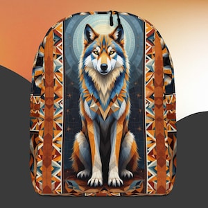 May include: A backpack featuring a detailed illustration of a wolf with geometric patterns in shades of blue, orange, and brown. The wolf is centered against a dark blue background with a mosaic-like design. The sides of the backpack have vertical patterned borders.