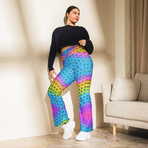 Butt Lift Rainbow Pants Flared Bell Bottoms Stretchy Yoga Leggings Colorful Abstract Design Unique Women Wide Leg High Waist Gym Sweatpants