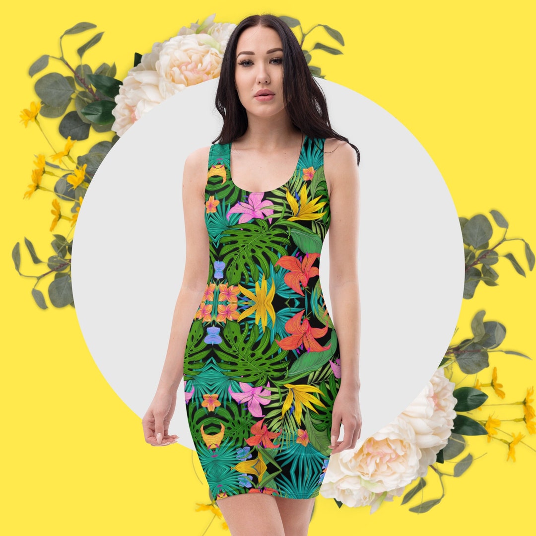 Tropical Floral Dress Flowers Bodycon Cruise Vacation Clothes Women's