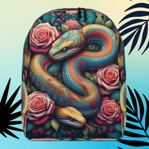 May include: A vibrant backpack featuring a colorful snake wrapped around pink roses and green leaves. The snake has a blue, green, yellow, and red pattern.