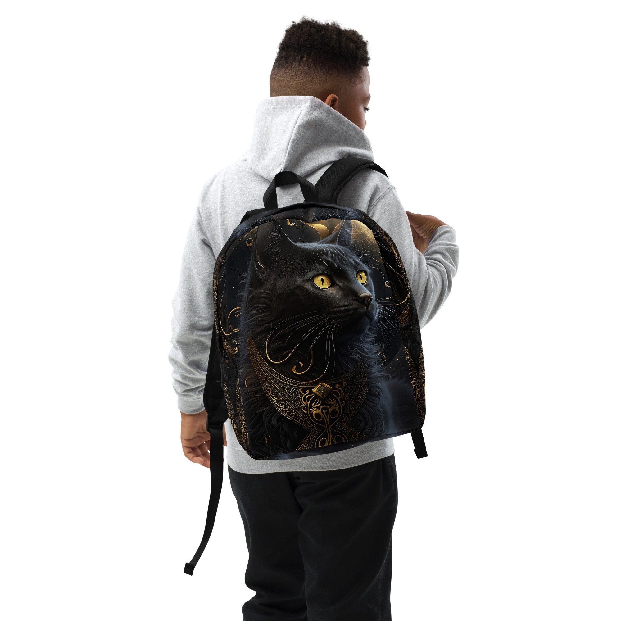 Black Cat Accent Women\'s Backpack - Cute Gold Details Black Gold Cat Metal Deco Backpack/2 Side Pockets Key Chain  main image 3