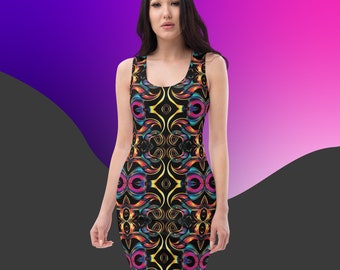 Psychedelic Bodycon Trippy Dress Women's Unique Mini Dresses Fitted Summer Outfit Sleeveless Fashion Clothing Body Hugging Colorful Apparel