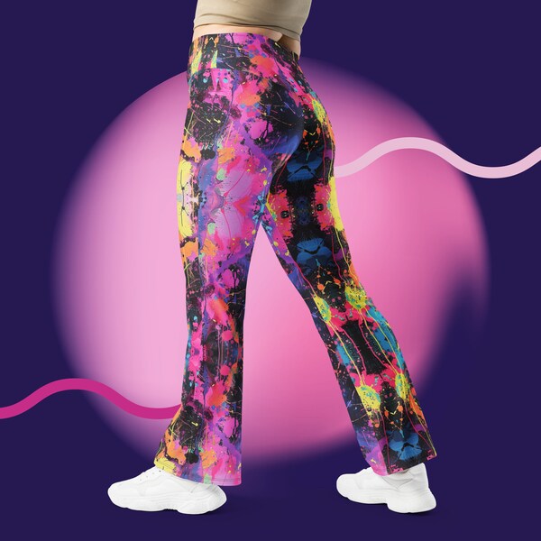 Splatter Paint Leggings Flared Yoga Pants High Waist Wide-Leg Bell-Bottoms Butt Lift Cut Gym Trousers Art Design Flare Leg Stretchy Britches