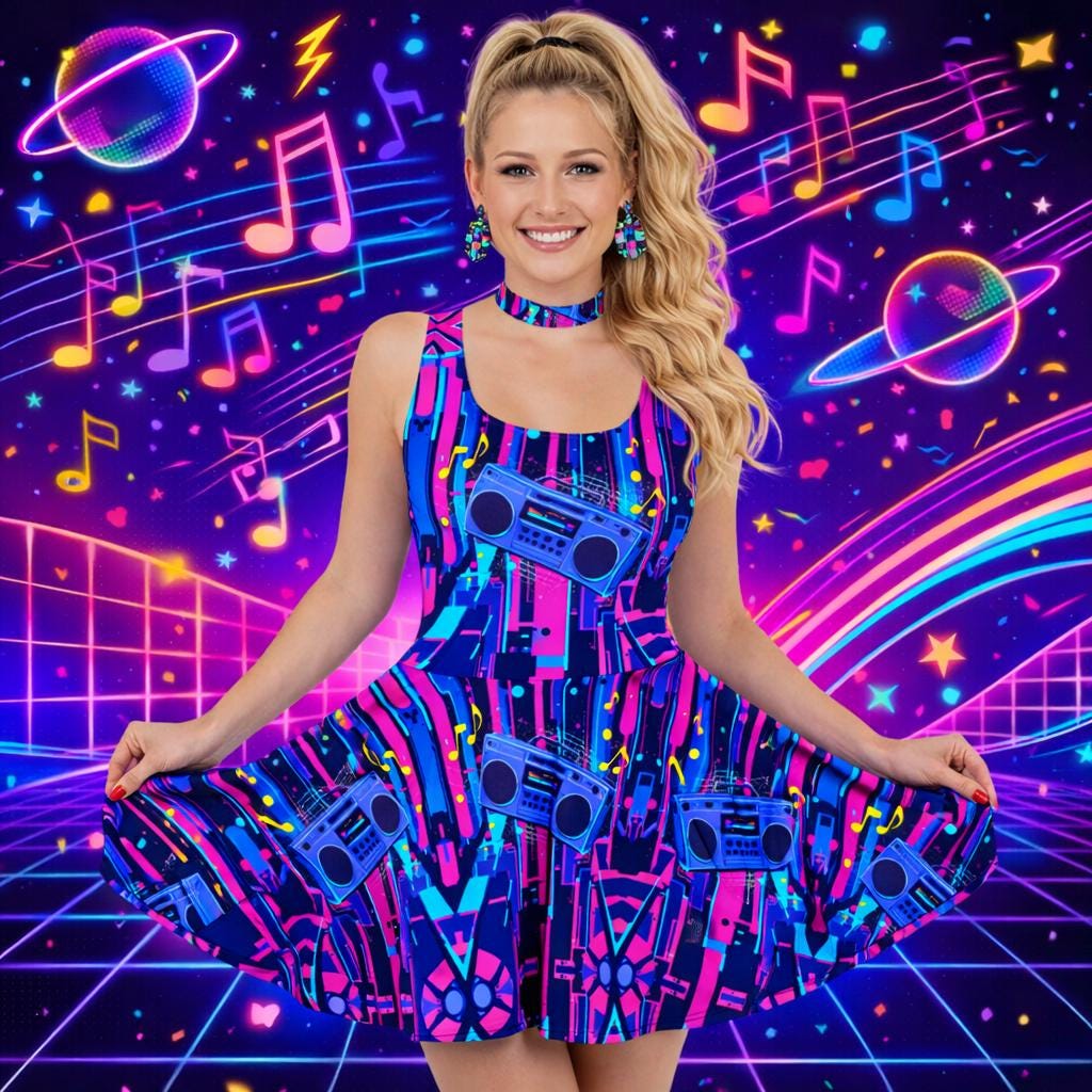 Retro Beats Skater Dress Neon 80's Sundress 90's Style Music Outfit Women's Plus Size Summer Skirts Unique Boombox Party Flare Mini Dresses