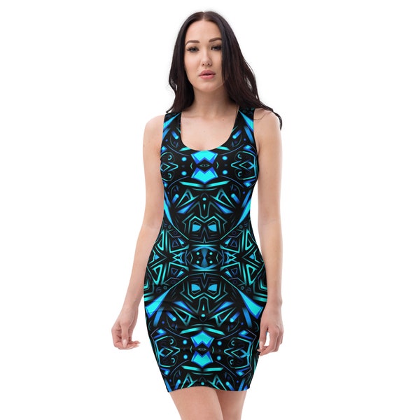 Bright Neon Bodycon Blue Green Dress Unique Abstract Mini Dresses Fitted Women's Sleeveless Summer Outfit Stylish Fashion Clothing Apparel