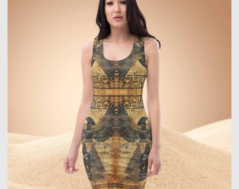 Egyptian Bodycon Egypt Dress Ancient Horus God Mini Dresses Sleeveless Fitted Body Hugging Summer Outfit Deity Unique Fashion Clothing