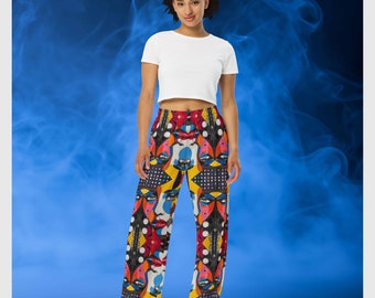 Women Retro Pants Wide Leg Comfy Baggy Trousers Face Art Design Pajama Bottoms Colorful Britches Loungewear Casual Wear Fashion Clothing