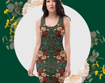 Vintage Roses Dress Flowers Bodycon Floral Fitted Mini Dresses Green Summer Outfit Sleeveless Fashion Clothing for Women Ladies Apparel