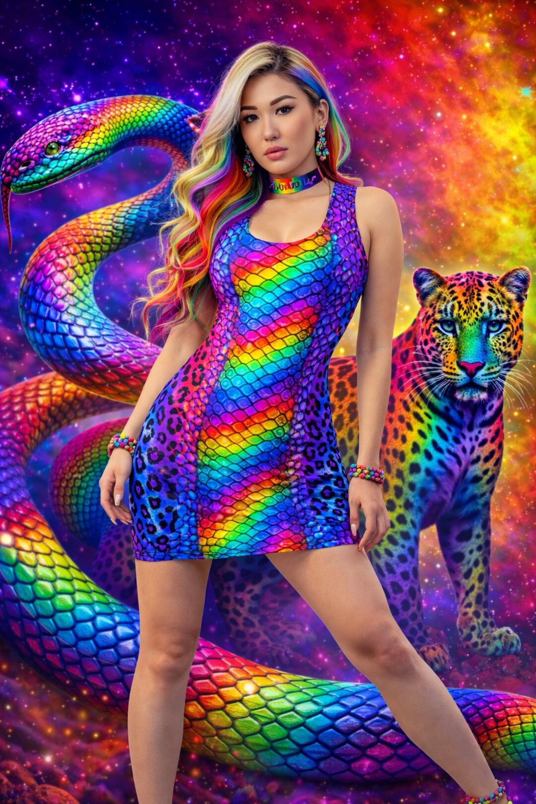 Leopard Rainbow Dress Snake Scales Bodycon Colorful Clubwear Unique ...
