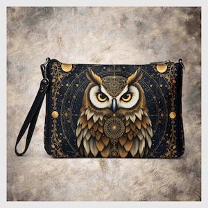 Monedero de búho místico, bolso de mano con pájaro majestuoso, cartera de mano, monedero de piel sintética, bolso cruzado con detalles ornamentados dorados, bolsos con correa versátiles