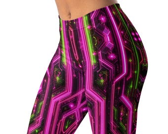 Leggings cyberpunk rosa neón, pantalones de festival, ropa de yoga con circuitos para mujer, pantalones tecno, ropa deportiva con detalles verdes, pantalones de fiesta únicos