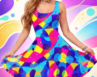 Neon Pop Art Sundress Colorful Skirt Outfit Vibrant Skater Dress Hot Pink Women's Plus Size Summer Clothes Bright Party Flare Mini Dresses