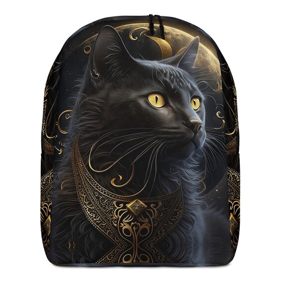 Black Cat Backpack Kitty Bookbag Gold Moon Design Book Bags Padded Straps Feline Ransack Women s Travel Bag Back Pack Laptop Pocket Etsy