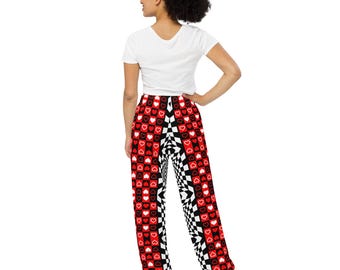 Hearts Checkered Pants Wide-leg Mismatch Unique Trousers