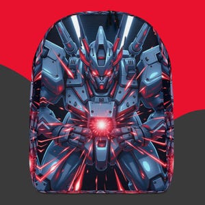 Könnte beinhalten: Ein Rucksack mit einer detaillierten Illustration eines futuristischen Roboters. Der Roboter ist mit roten und blauen Akzenten, leuchtend roten Augen und von roten Energiestrahlen umgeben dargestellt. Der Hintergrund ist ein Farbverlauf aus Rot und Schwarz.